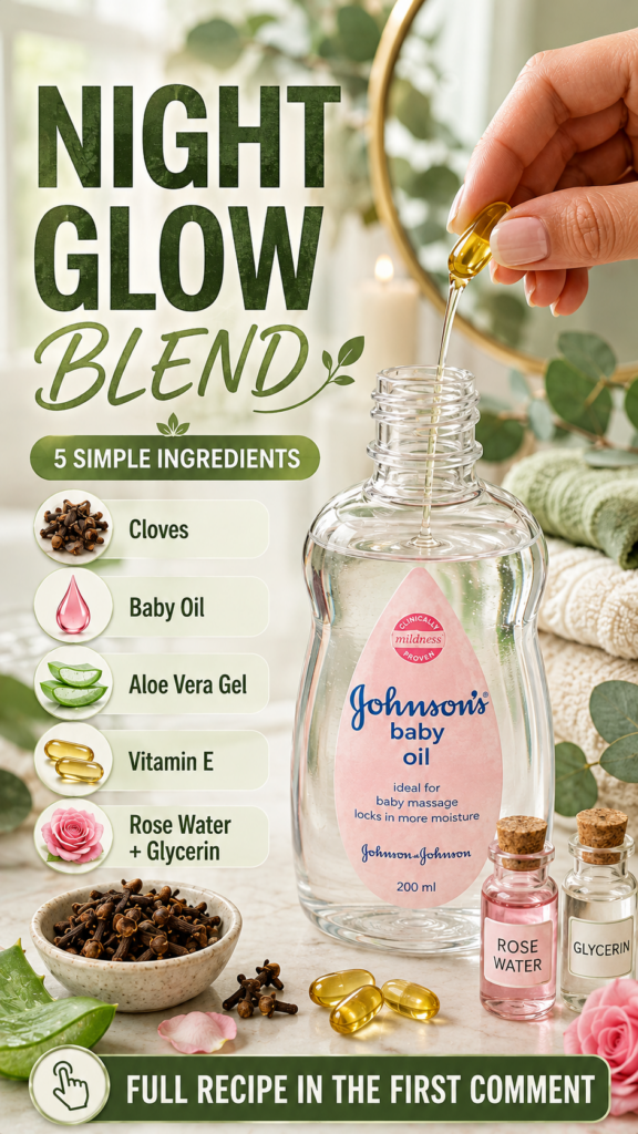 A hand squeezing a vitamin E capsule into a bottle of Johnson s baby oil surrounded by rose water aloe vera cloves and r