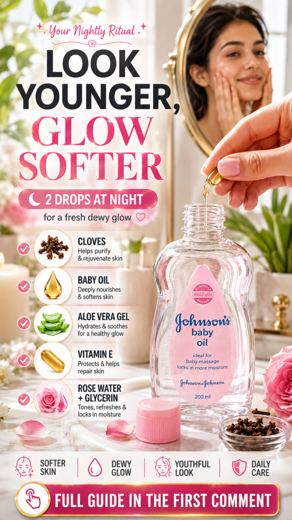 A vertical flat lay showcasing a bottle of Johnson s baby oil surrounded by fresh rose petals aloe vera leaf pieces and 