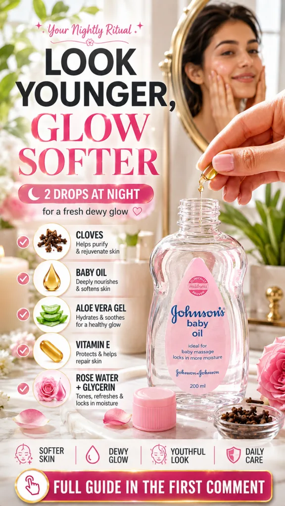 A vertical flat lay showcasing a bottle of Johnson s baby oil surrounded by fresh rose petals aloe vera leaf pieces and 