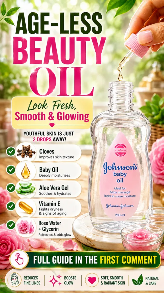 A hand with a dropper dispenses a drop of oil into a bottle labeled Age-Less Beauty Oil Various natural ingredient callo