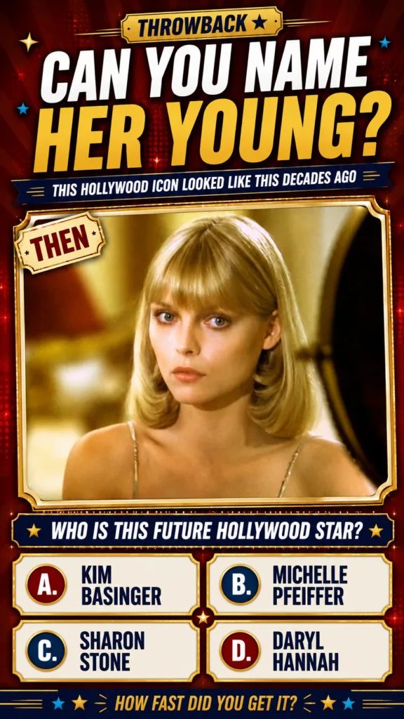 Quiz-style graphic featuring a portrait of a young Michelle Pfeiffer with blonde hair and bangs wearing a delicate-strap