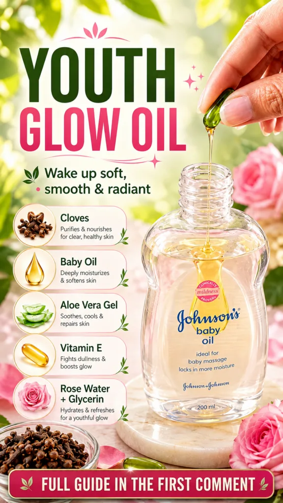 A bottle of Johnson s Baby Oil on a marble surface surrounded by cloves rose petals and aloe vera slices with a hand squ