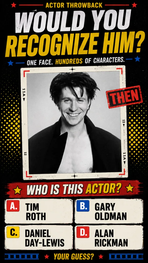 Black and white retro-style social media quiz photo of a young smiling Gary Oldman chest up with disheveled hair and an 