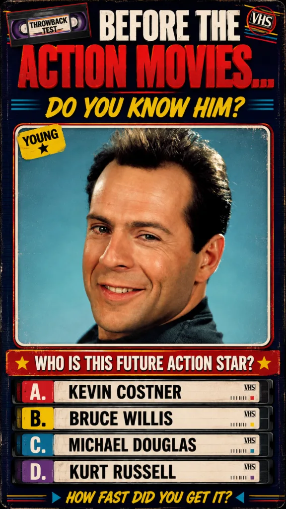 A retro-style quiz poster resembling a VHS tape cover featuring a smiling young Bruce Willis within a television screen 