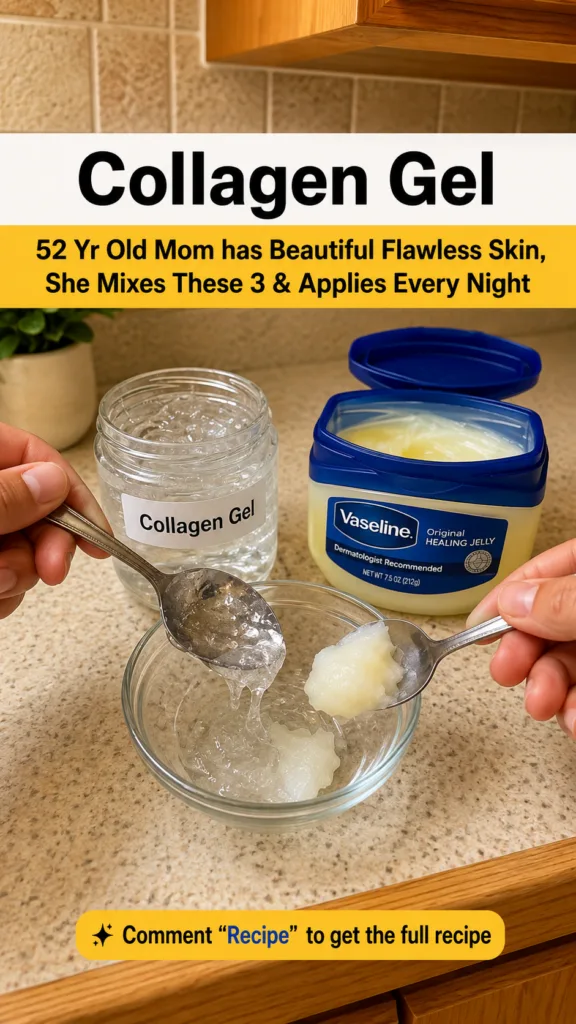 Close-up of hands mixing collagen gel and Vaseline in a glass bowl on a kitchen counter