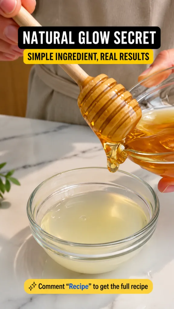 Hands pouring golden honey from a glass bowl with a wooden dipper into another clear bowl containing a pale yellow liqui