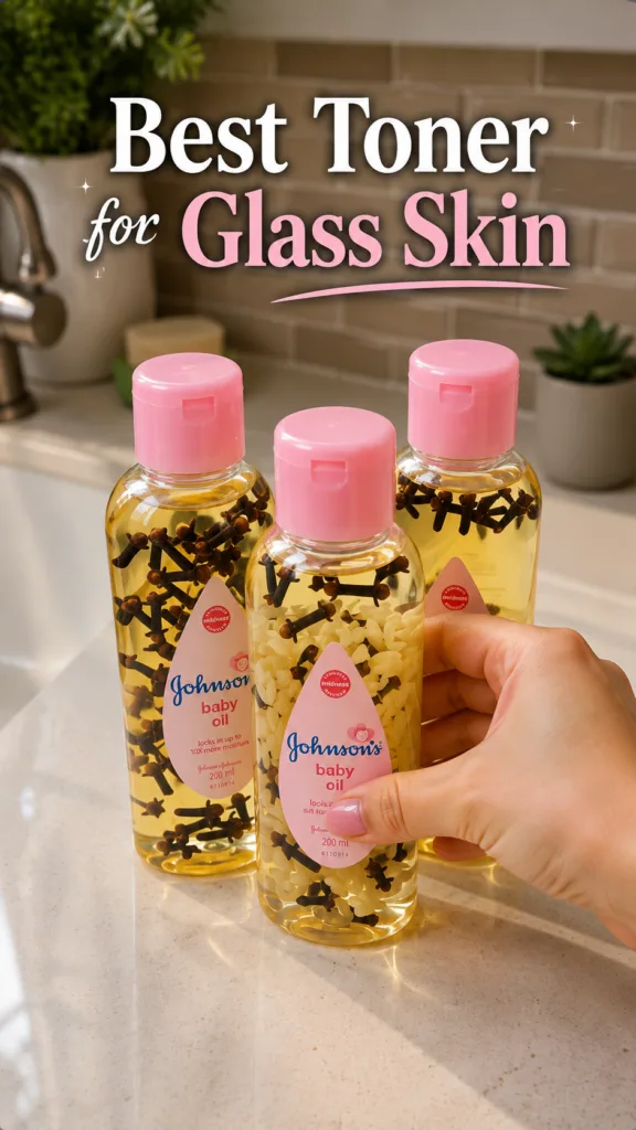 A close-up of three clear plastic bottles of Johnson s baby oil with cloves and other small white ingredients floating i