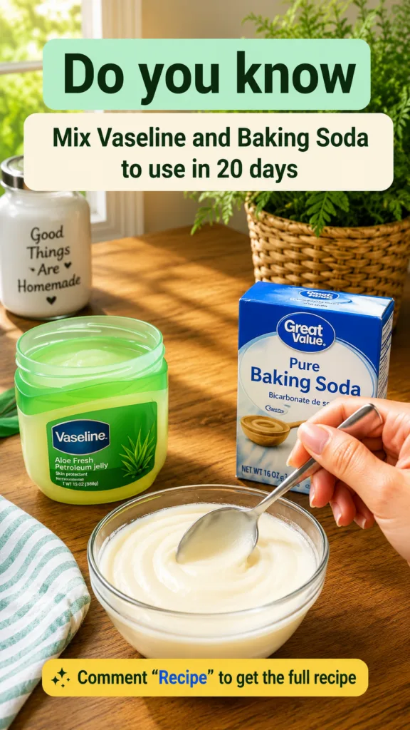 A hand mixing Vaseline and baking soda in a glass bowl with a spoon A tub of Vaseline and a box of baking soda are visib