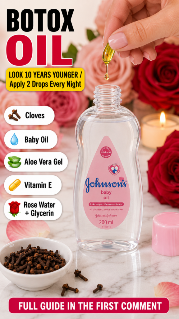 A hand holding a vitamin E capsule from which a drop of oil is falling towards an open bottle of Johnson s baby oil Clov