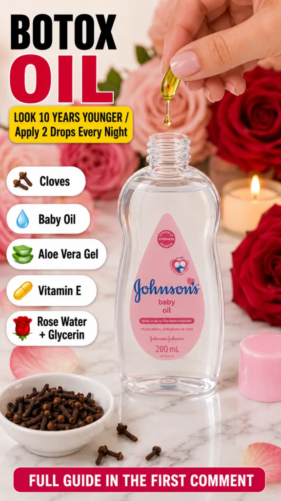 A hand holding a vitamin E capsule from which a drop of oil is falling towards an open bottle of Johnson s baby oil Clov