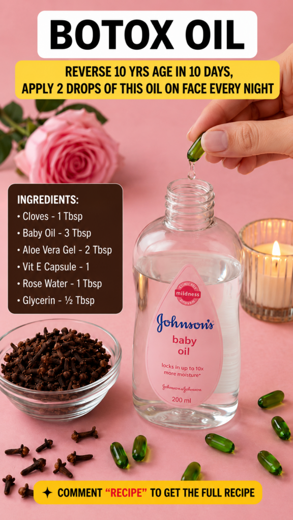 A flat lay of ingredients for a DIY Botox Oil showing a hand squeezing a green capsule into an open bottle of Johnson s 