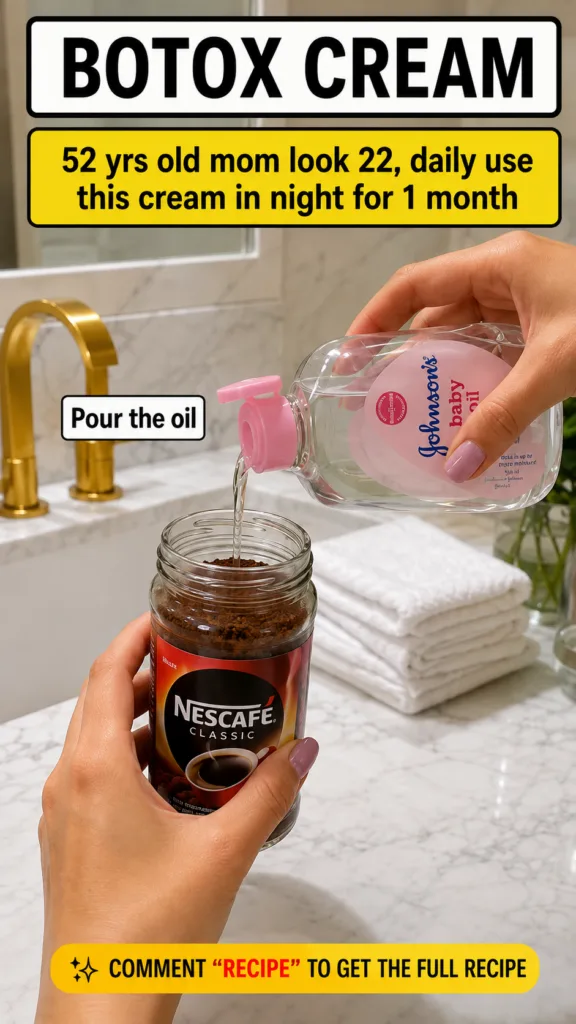 Hands pouring Johnson s baby oil into a jar of Nescafe Classic instant coffee in a modern bathroom