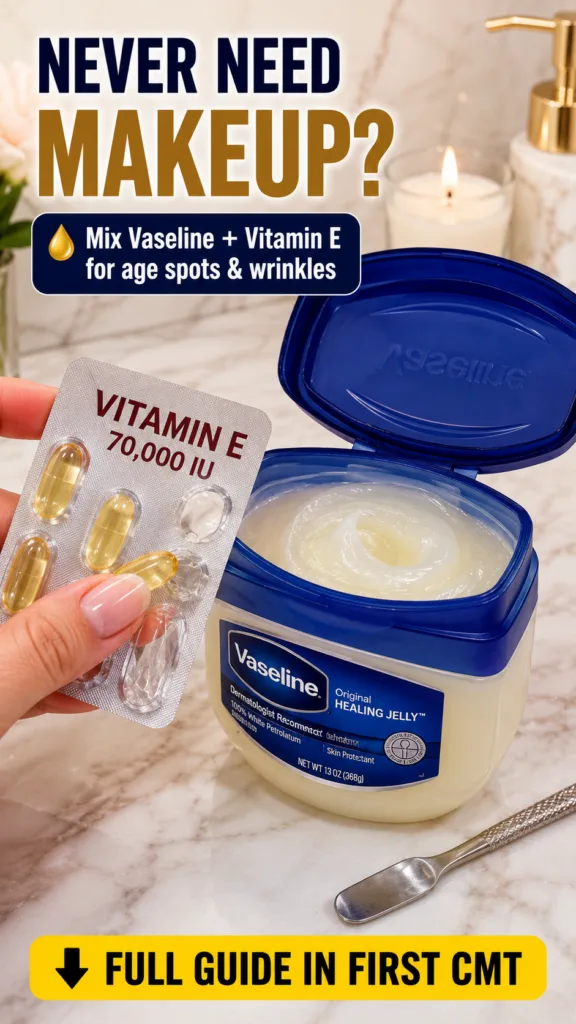 A hand holding Vitamin E capsules next to an open jar of Vaseline on a marble surface with a blurred spa-like background