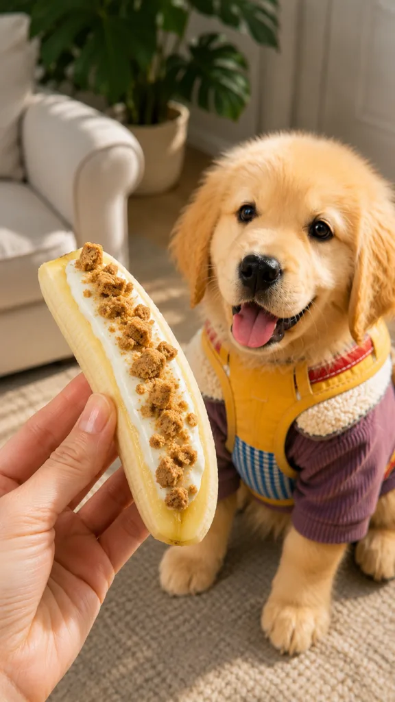 A happy golden retriever puppy with its tongue slightly out looking at the camera A human hand holds a banana topped wit