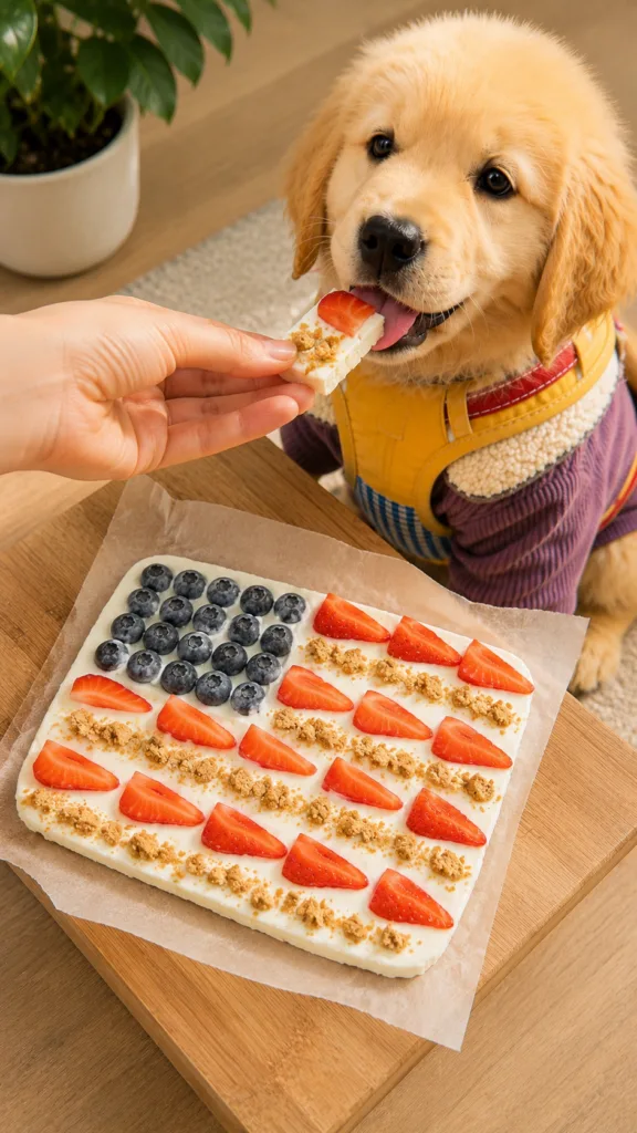 An adorable golden retriever puppy happily licking a small piece of flag-themed yogurt bark held by a human hand with bl