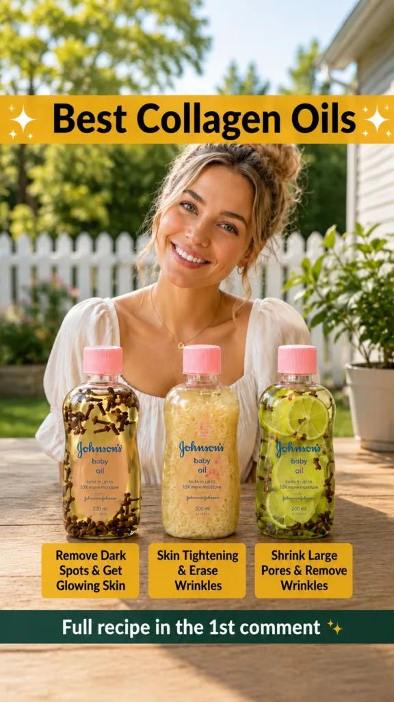 A smiling young woman with three bottles of Johnson s baby oil infused with natural ingredients like cloves rice and lim