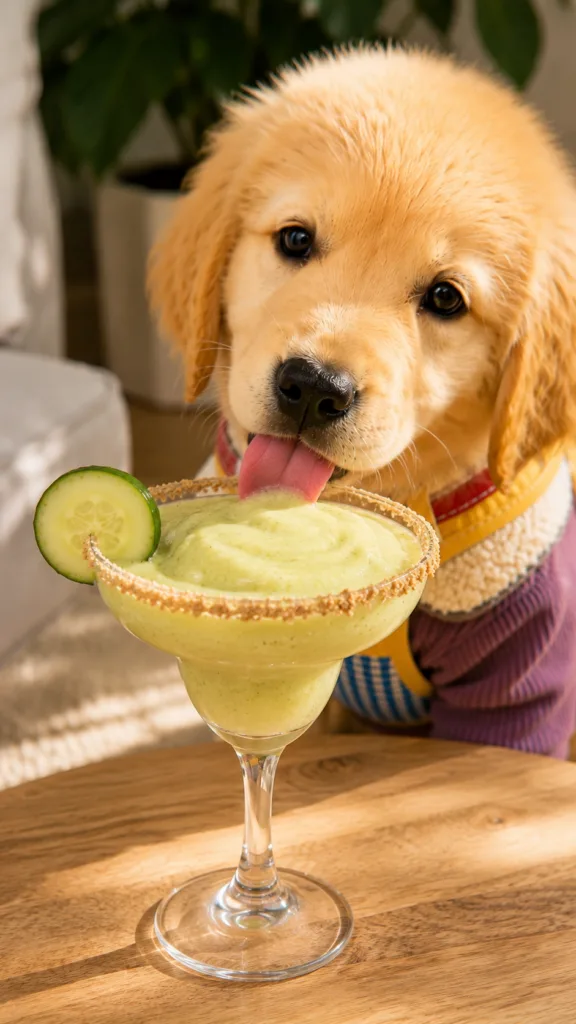 A charming golden retriever puppy intently licking a green blended drink from a margarita glass wearing a colorful sweat