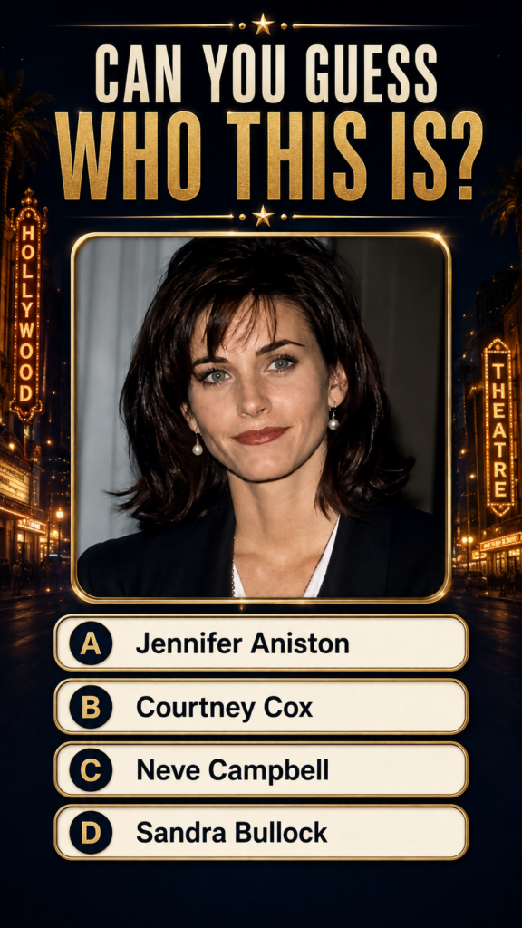 The original quiz image featuring a headshot of Courtney Cox in a gold frame against a stylized Hollywood street scene a
