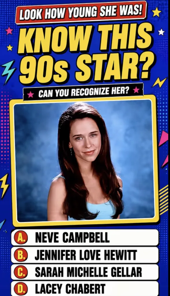 A brightly colored retro-themed digital quiz from the 90s challenging viewers to identify a young star It features a roy