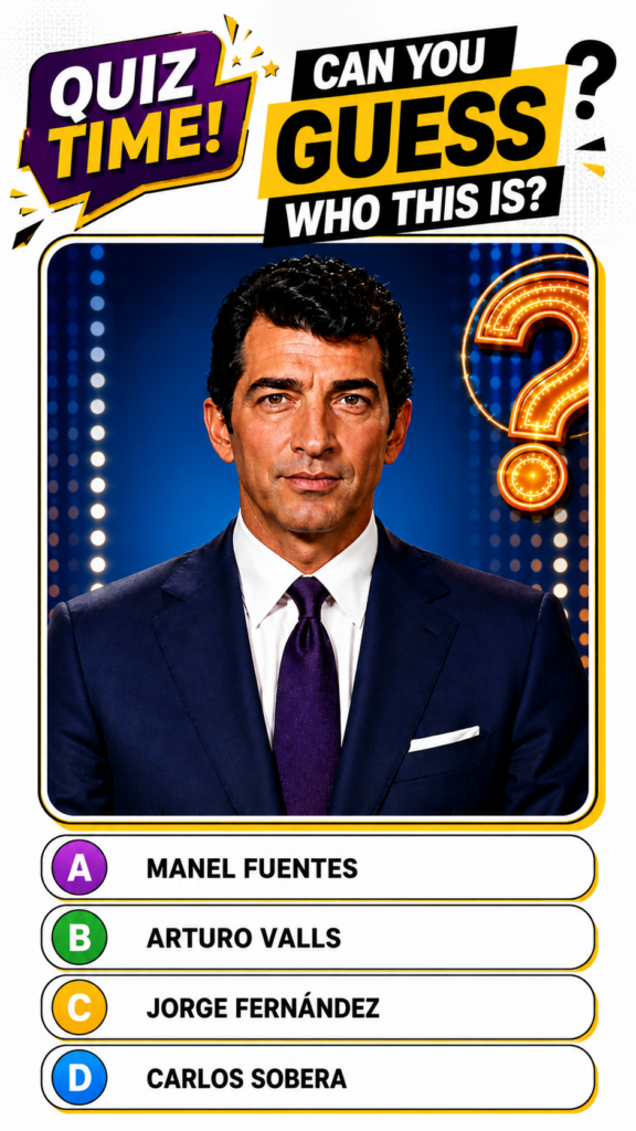 A brightly colored quiz graphic featuring a headshot of Arturo Valls in a suit with the question CAN YOU GUESS WHO THIS 