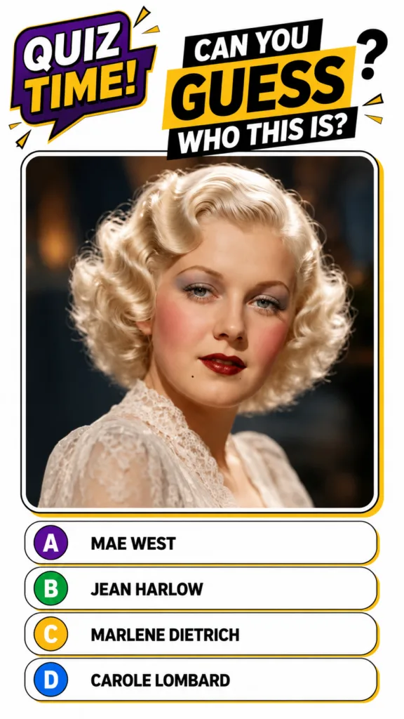 A black and white portrait of a young Jean Harlow with platinum blonde finger wave hair period makeup and a soft glamoro