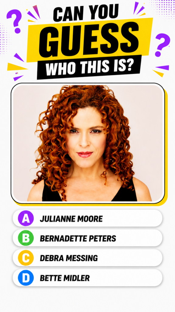 Bernadette Peters from the quiz image a head-and-shoulders portrait with red curly hair and a warm smile