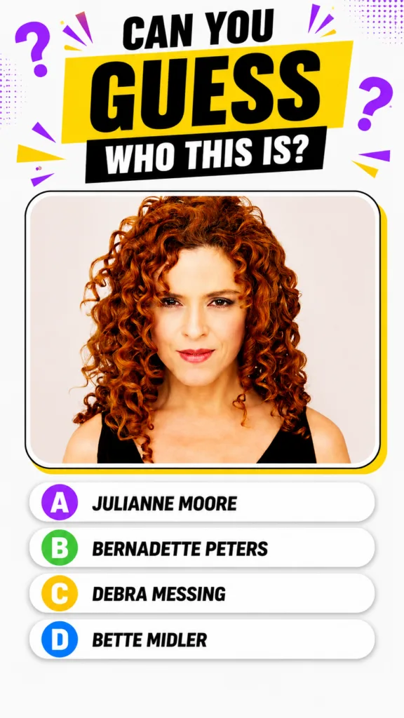 Bernadette Peters from the quiz image a head-and-shoulders portrait with red curly hair and a warm smile