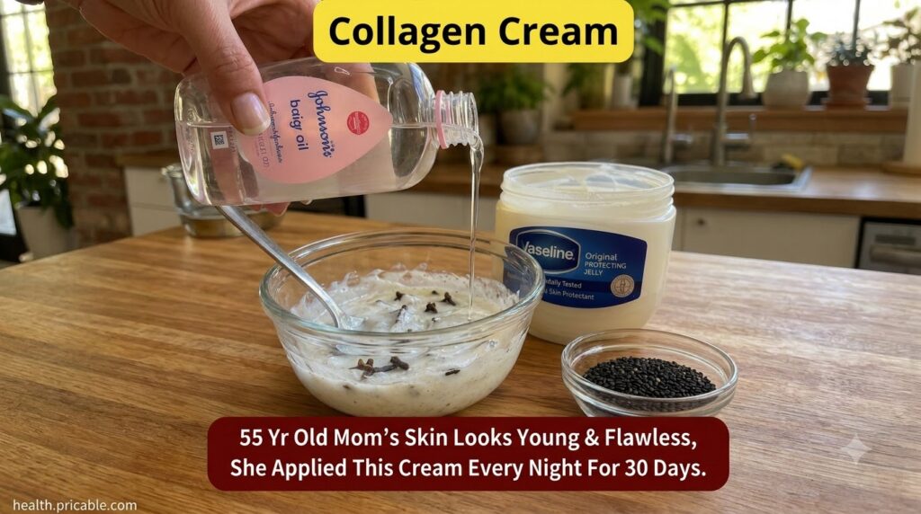 A hand pouring baby oil into a bowl with white cream Vaseline jar and black sesame seeds nearby