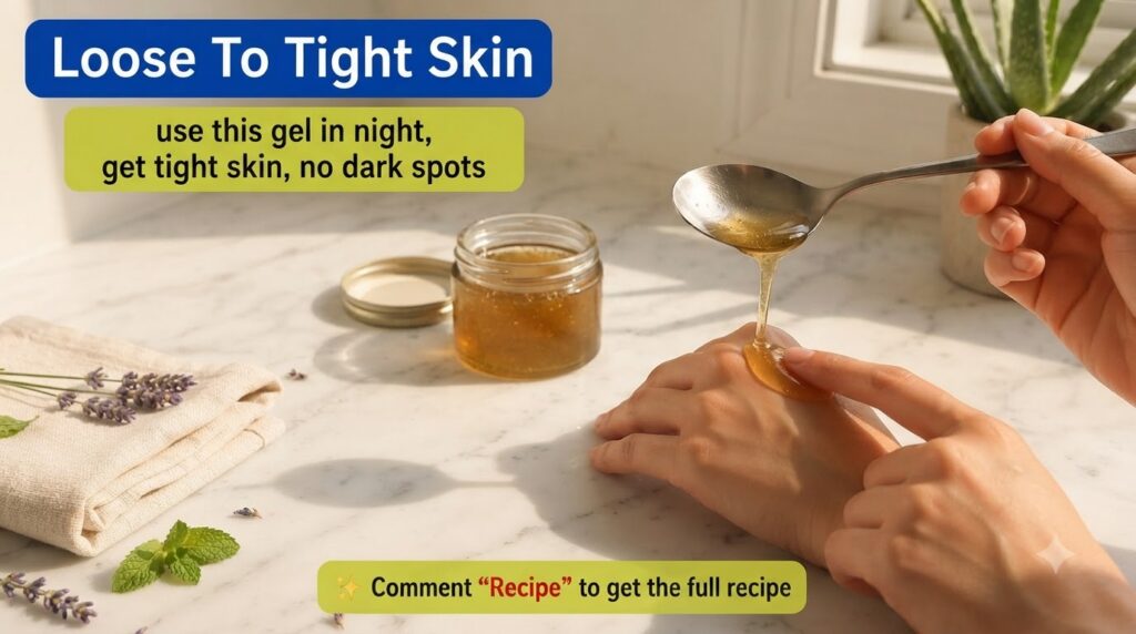 A close-up of a hand receiving a golden viscous gel from a silver spoon with a clear glass jar of the same gel in the sl