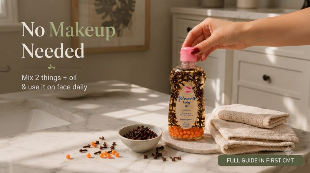 A hand holding a bottle of Johnson s baby oil infused with cloves and orange spherical beads with a small bowl of cloves