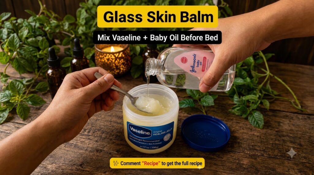 Hands mixing Vaseline and Johnson s baby oil in a jar A spoon with Vaseline is held by one hand while the other hand pou
