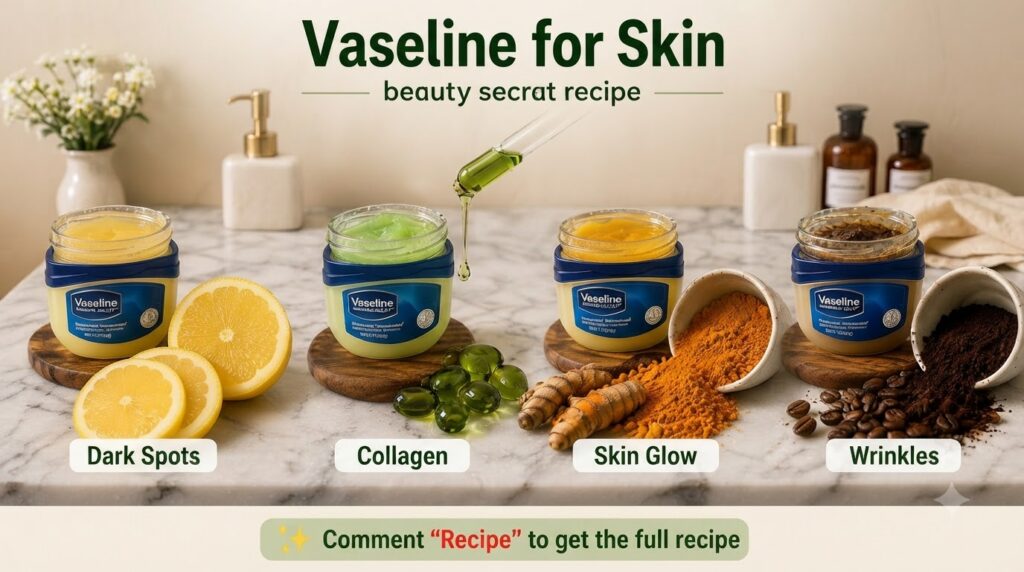 Four small jars of Vaseline each mixed with a different natural ingredient lemon slices green capsules turmeric powder a