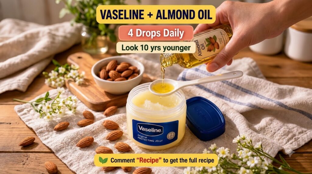 A close-up overhead shot of a hand pouring almond oil from a small bottle into a white spoon held over an open jar of Va