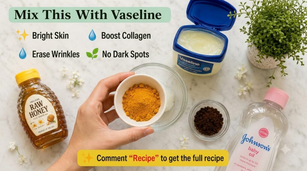 A flat lay of DIY beauty ingredients a bottle of raw honey an open jar of Vaseline a small bowl of turmeric powder a sma
