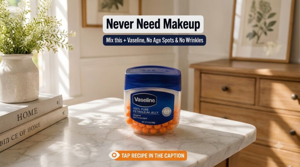 A tub of Vaseline 100 Pure Petroleum Jelly filled with small orange capsules centrally placed on a marble surface with a