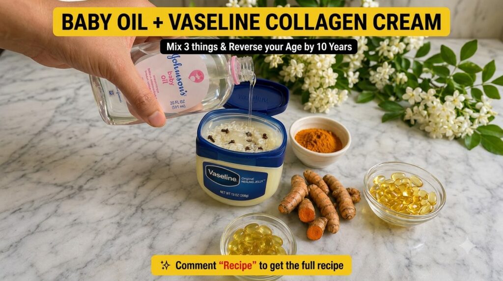 A hand pouring baby oil into a Vaseline container filled with rice grains and cloves surrounded by turmeric roots turmer