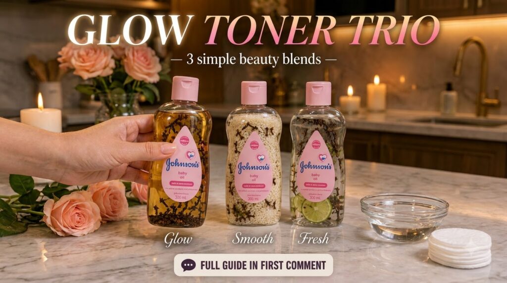 Three bottles of Johnson s baby oil each infused with natural ingredients cloves rice seeds and mint lime A hand holds t