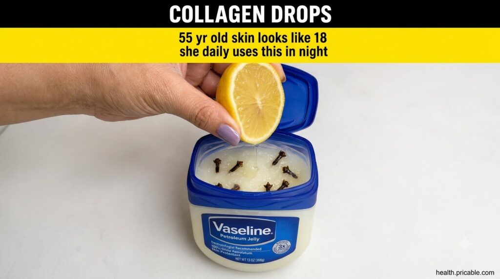A hand squeezing a half lemon over an open tub of Vaseline with whole cloves visible inside the jelly Lemon juice is dri