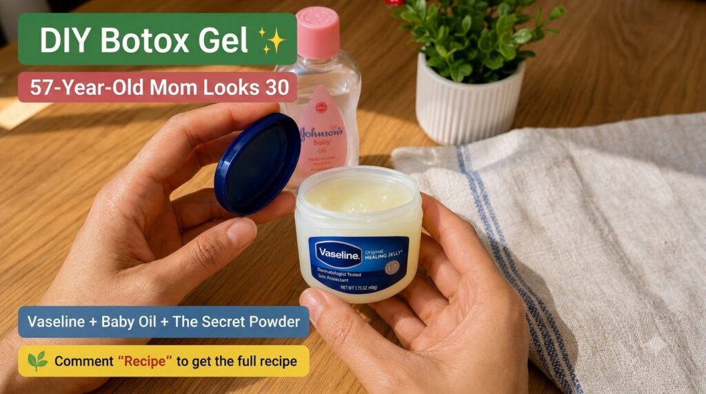 Close-up of hands holding an open jar of Vaseline Original Healing Jelly with a blurred bottle of Johnson s Baby Oil and