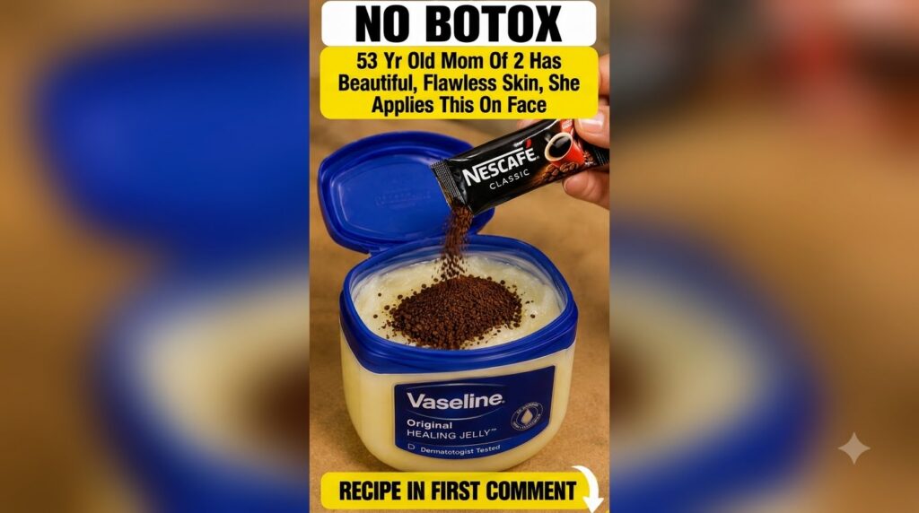 A hand pouring instant coffee granules from a sachet into a tub of Vaseline Original Healing Jelly with some coffee alre