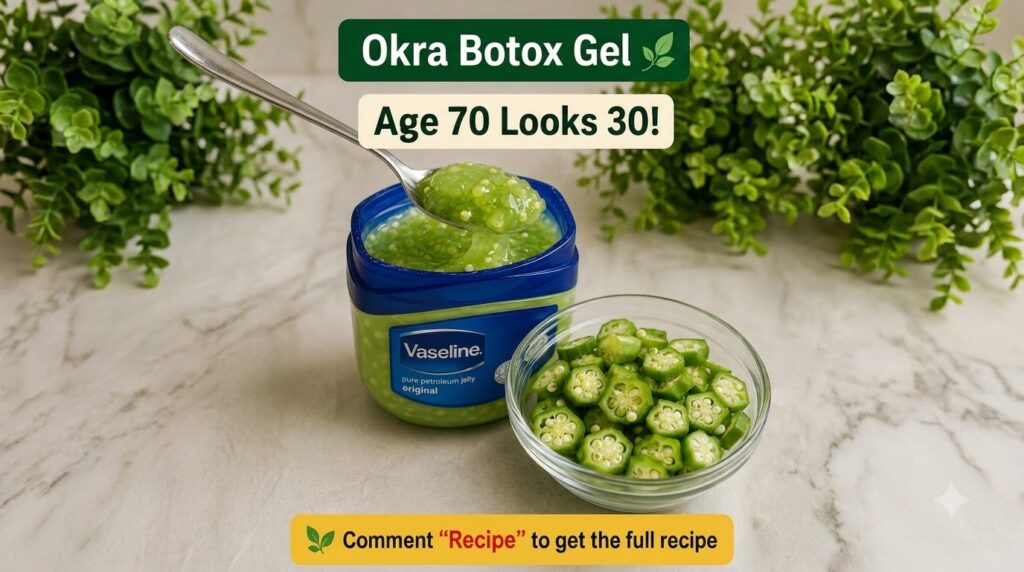 A large tub of vibrant green textured Okra Botox Gel with a spoon lifting a portion next to a bowl of fresh sliced okra 