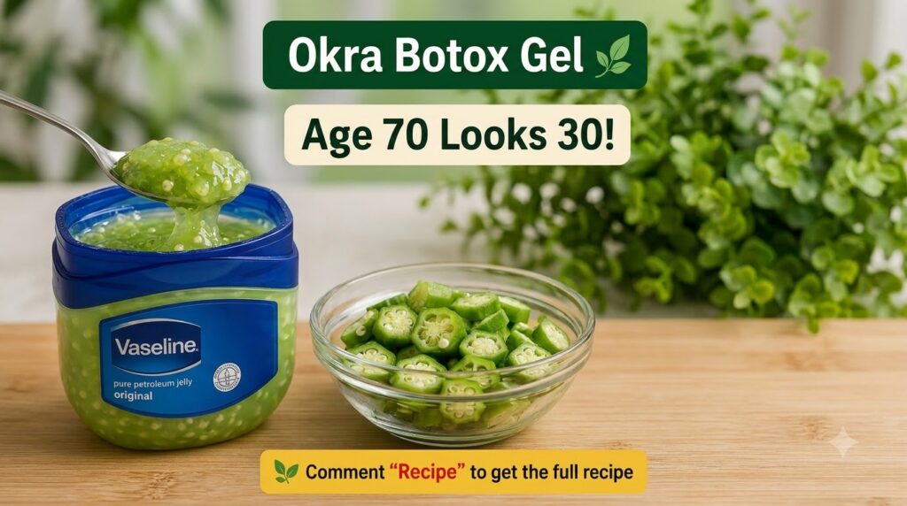 A spoon lifting viscous translucent green gel from a Vaseline jar with freshly sliced okra in a clear glass bowl and out