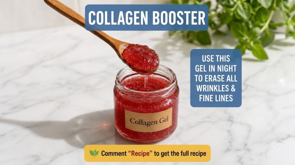 A wooden spoon holding translucent red granular gel dripping into a clear glass jar labeled Collagen Gel The setting is 