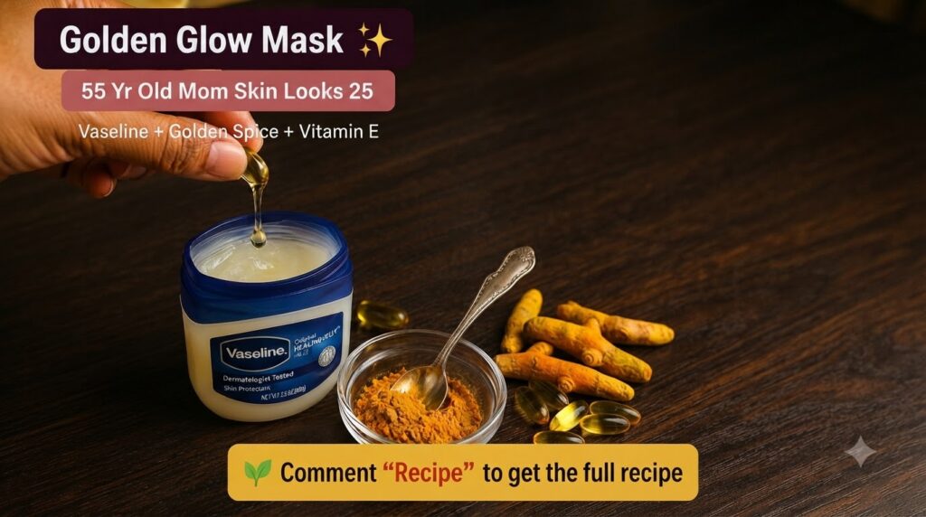 A hand is dripping liquid from a Vitamin E capsule into an open jar of Vaseline next to a small bowl of turmeric powder 