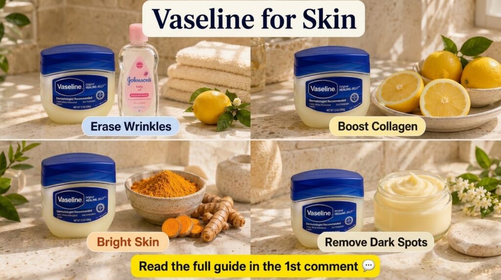 A vertical collage featuring Vaseline jars with lemons turmeric ginger and baby oil demonstrating DIY skincare solutions