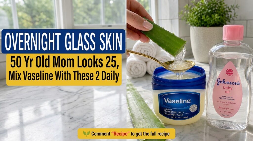 A hand extracting fresh aloe vera gel onto a golden spoon held above an open tub of Vaseline with a bottle of baby oil t