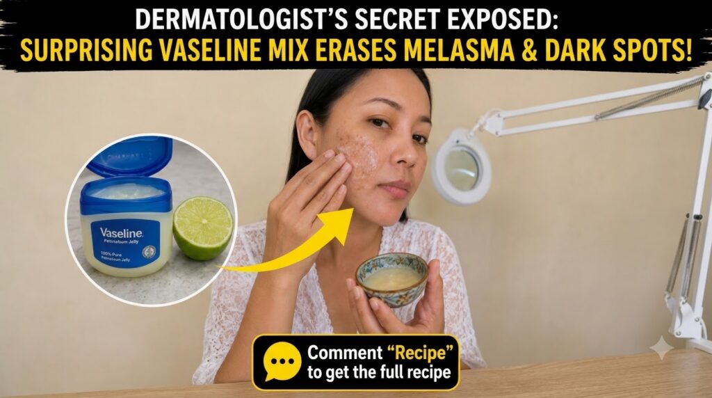 A woman applying a white semi-translucent mixture to her cheek where dark spots are visible She holds a small bowl with 