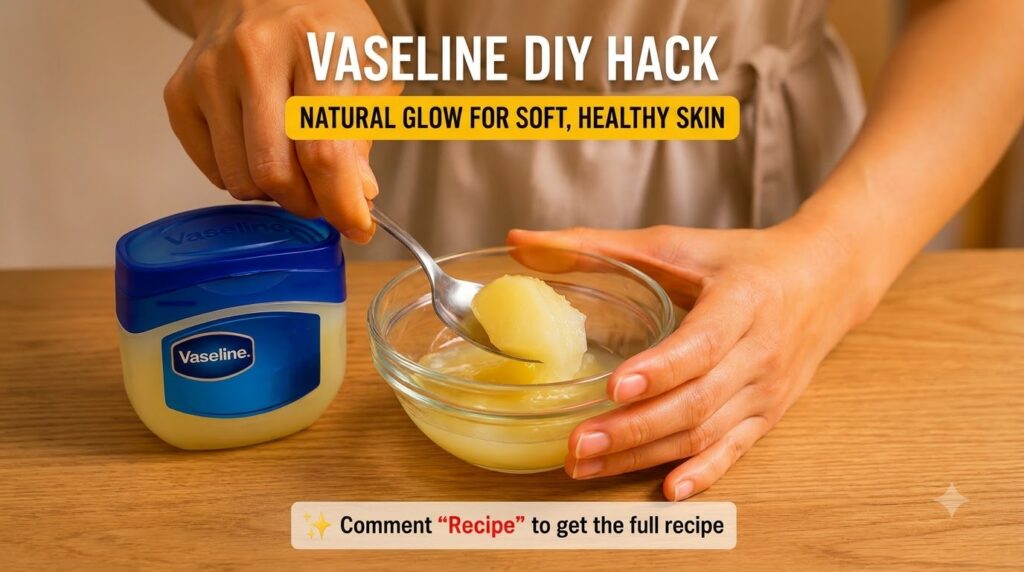 Hands holding a spoon filled with a yellow gel-like substance over a small glass bowl with a Vaseline jar nearby on a wo