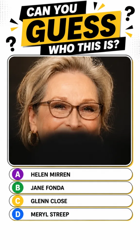 Meryl Streep smiling subtly wearing brown-framed glasses and gold hoop earrings with blonde hair framing her face Her mo