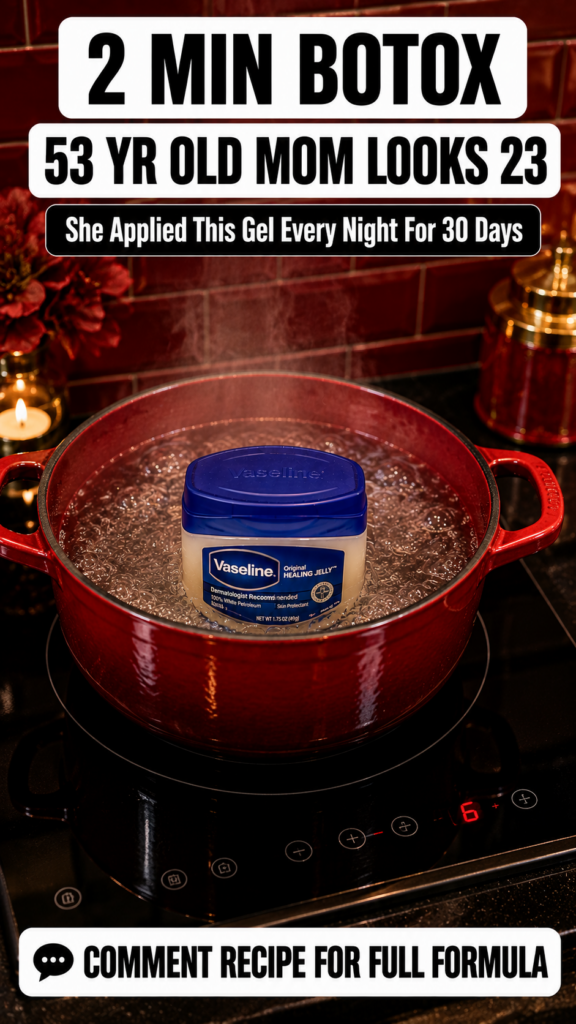 A jar of Vaseline Original Healing Jelly being gently heated in a red pot of boiling water on an induction cooktop with 